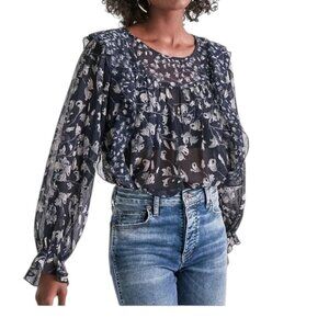 Lucky Brand Navy Blue Floral Sheer Long Sleeve Ruffle Blouse